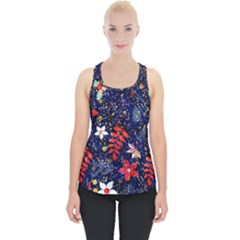 Festive Floral Pattern Christmas Blue Floral Flower Foliage Leaves Pattern Red Snow Winter Piece Up Tank Top