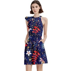 Festive Floral Pattern Christmas Blue Floral Flower Foliage Leaves Pattern Red Snow Winter Cocktail Party Halter Sleeveless Dress With Pockets