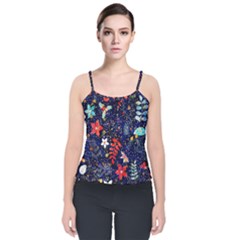 Festive Floral Pattern Christmas Blue Floral Flower Foliage Leaves Pattern Red Snow Winter Velvet Spaghetti Strap Top