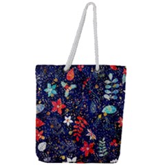 Festive Floral Pattern Christmas Blue Floral Flower Foliage Leaves Pattern Red Snow Winter Full Print Rope Handle Tote (large)