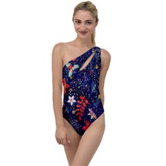 Festive Floral Pattern Christmas Blue Floral Flower Foliage Leaves Pattern Red Snow Winter To One Side Swimsuit