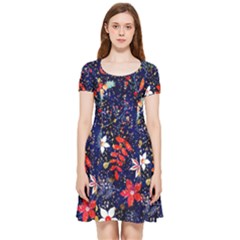 Festive Floral Pattern Christmas Blue Floral Flower Foliage Leaves Pattern Red Snow Winter Inside Out Cap Sleeve Dress