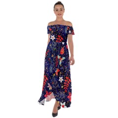 Festive Floral Pattern Christmas Blue Floral Flower Foliage Leaves Pattern Red Snow Winter Off Shoulder Open Front Chiffon Dress