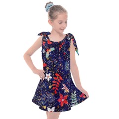 Festive Floral Pattern Christmas Blue Floral Flower Foliage Leaves Pattern Red Snow Winter Kids  Tie Up Tunic Dress