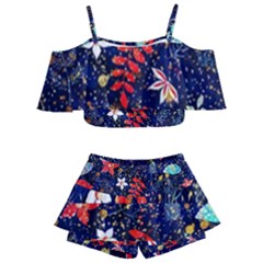 Festive Floral Pattern Christmas Blue Floral Flower Foliage Leaves Pattern Red Snow Winter Kids  Off Shoulder Skirt Bikini