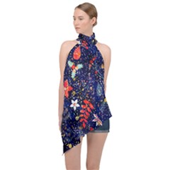 Festive Floral Pattern Christmas Blue Floral Flower Foliage Leaves Pattern Red Snow Winter Halter Asymmetric Satin Top