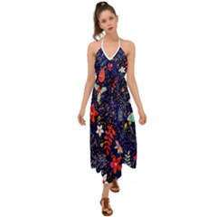 Festive Floral Pattern Christmas Blue Floral Flower Foliage Leaves Pattern Red Snow Winter Halter Tie Back Dress 