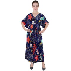 Festive Floral Pattern Christmas Blue Floral Flower Foliage Leaves Pattern Red Snow Winter V-neck Boho Style Maxi Dress