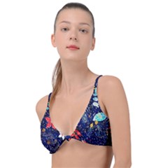 Festive Floral Pattern Christmas Blue Floral Flower Foliage Leaves Pattern Red Snow Winter Knot Up Bikini Top