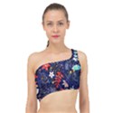 Festive Floral Pattern Christmas Blue Floral Flower Foliage Leaves Pattern Red Snow Winter Spliced Up Bikini Top  View1