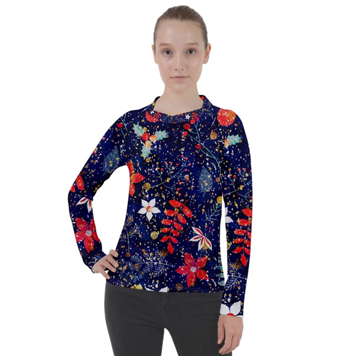 Festive Floral Pattern Christmas Blue Floral Flower Foliage Leaves Pattern Red Snow Winter Women s Pique Long Sleeve T-Shirt