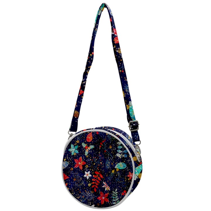 Festive Floral Pattern Christmas Blue Floral Flower Foliage Leaves Pattern Red Snow Winter Crossbody Circle Bag