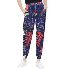 Festive Floral Pattern Christmas Blue Floral Flower Foliage Leaves Pattern Red Snow Winter Women s Tapered Pants