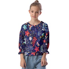 Festive Floral Pattern Christmas Blue Floral Flower Foliage Leaves Pattern Red Snow Winter Kids  Cuff Sleeve Top