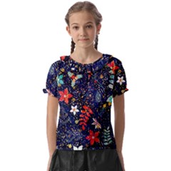 Festive Floral Pattern Christmas Blue Floral Flower Foliage Leaves Pattern Red Snow Winter Kids  Frill Chiffon Blouse