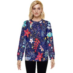 Festive Floral Pattern Christmas Blue Floral Flower Foliage Leaves Pattern Red Snow Winter Hidden Pocket Sweatshirt