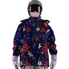 Festive Floral Pattern Christmas Blue Floral Flower Foliage Leaves Pattern Red Snow Winter Women s Zip Ski And Snowboard Waterproof Breathable Jacket