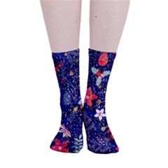 Festive Floral Pattern Christmas Blue Floral Flower Foliage Leaves Pattern Red Snow Winter Smooth Crew Length Tube Socks