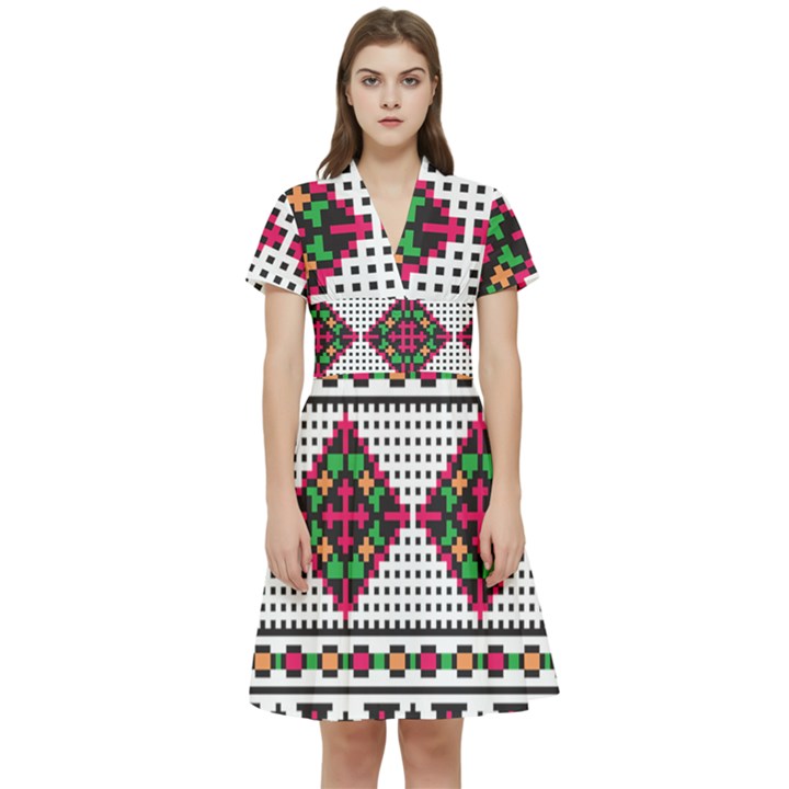 Ukrainian Folk Seamless Pattern Ethnic Ornament Border Element Traditional Short Sleeve Waist Detail Dress