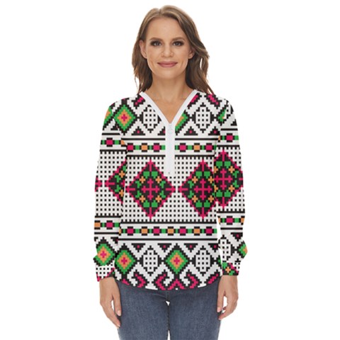 Ukrainian Folk Seamless Pattern Ethnic Ornament Border Element Traditional Zip Up Long Sleeve Blouse by Grandong