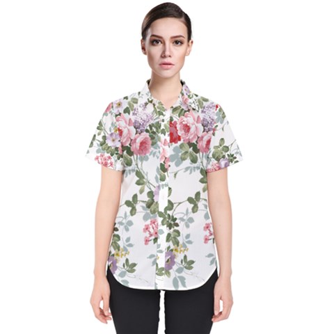 Floral Elements Peony Chinese Rose Women s Short Sleeve Shirt by Grandong