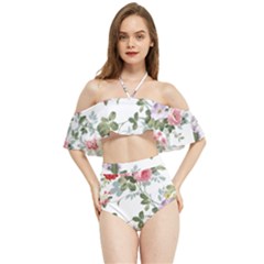 Floral Elements Peony Chinese Rose Halter Flowy Bikini Set 