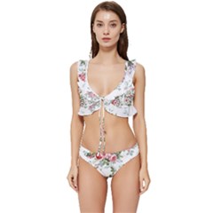 Floral Elements Peony Chinese Rose Low Cut Ruffle Edge Bikini Set by Grandong