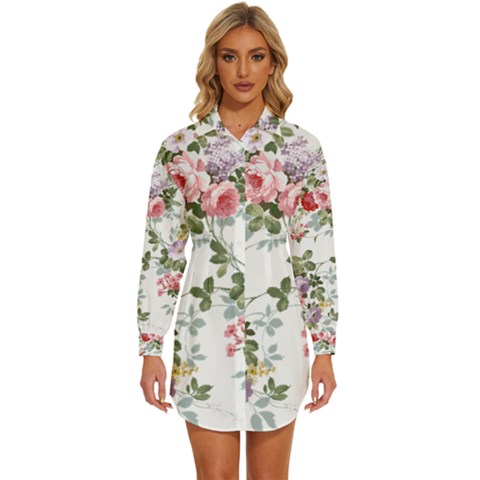 Floral Elements Peony Chinese Rose Womens Long Sleeve Shirt Dress by Grandong