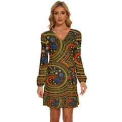 Swirl Vortex Emoji Cyclone Motion Art Long Sleeve Waist Tie Ruffle Velvet Dress