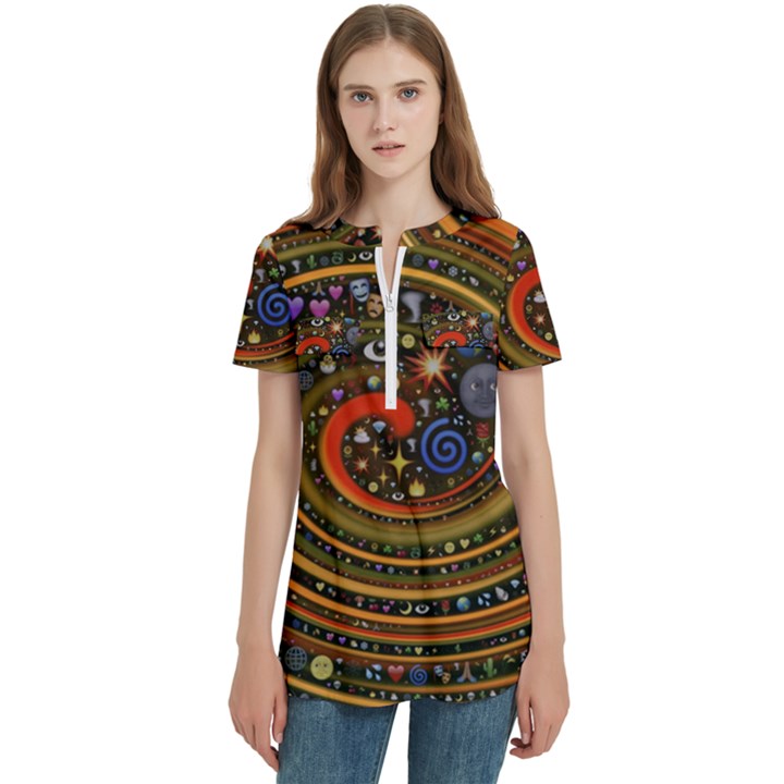 Swirl Vortex Emoji Cyclone Motion Art Women s Zip Front V-Neck Short Sleeve Casual Top Pocket Shirt