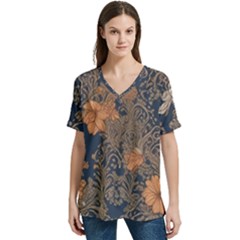 Seamless Pattern Patterns Leaves Vintage V-neck Split Shoulder Casual T-shirt