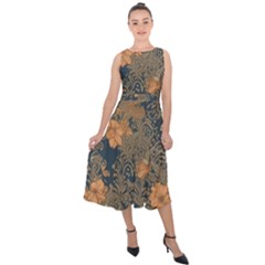 Seamless Pattern Patterns Leaves Vintage Midi Tie-back Chiffon Dress