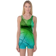 3d Leaves Texture Sheet Blue Green One Piece Boyleg Swimsuit