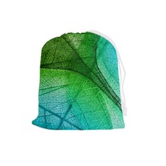 3d Leaves Texture Sheet Blue Green Drawstring Pouch (large) by Cemarart