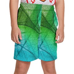 3d Leaves Texture Sheet Blue Green Kids  Basketball Shorts