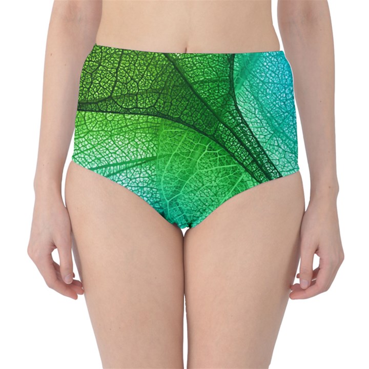 3d Leaves Texture Sheet Blue Green Classic High-Waist Bikini Bottoms