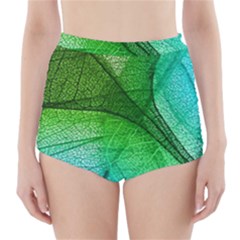 3d Leaves Texture Sheet Blue Green High-waisted Bikini Bottoms by Cemarart