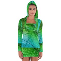 3d Leaves Texture Sheet Blue Green Long Sleeve Hooded T-shirt