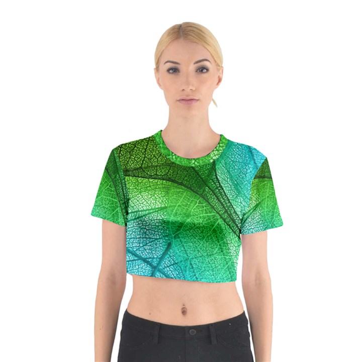 3d Leaves Texture Sheet Blue Green Cotton Crop Top