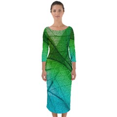 3d Leaves Texture Sheet Blue Green Quarter Sleeve Midi Bodycon Dress