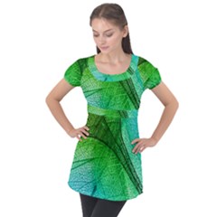 3d Leaves Texture Sheet Blue Green Puff Sleeve Tunic Top