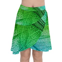 3d Leaves Texture Sheet Blue Green Chiffon Wrap Front Skirt