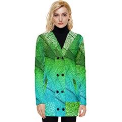 3d Leaves Texture Sheet Blue Green Button Up Hooded Coat 