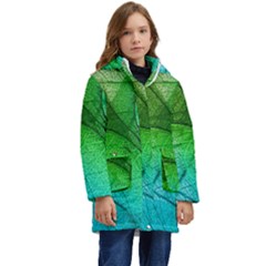 3d Leaves Texture Sheet Blue Green Kids  Hooded Longline Puffer Jacket