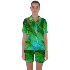 3d Leaves Texture Sheet Blue Green Satin Short Sleeve Pajamas Set