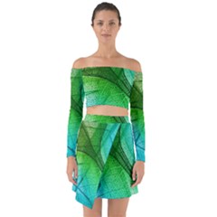 3d Leaves Texture Sheet Blue Green Off Shoulder Top With Skirt Set