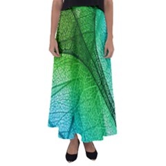 3d Leaves Texture Sheet Blue Green Flared Maxi Skirt