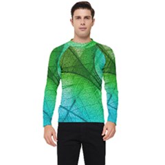 3d Leaves Texture Sheet Blue Green Men s Long Sleeve Rash Guard