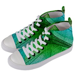 3d Leaves Texture Sheet Blue Green Women s Mid-top Canvas Sneakers