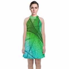 3d Leaves Texture Sheet Blue Green Velvet Halter Neckline Dress 